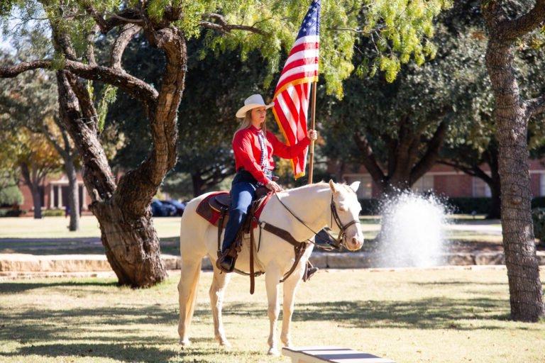 一位骑着六匹白马的人手持美国国旗.